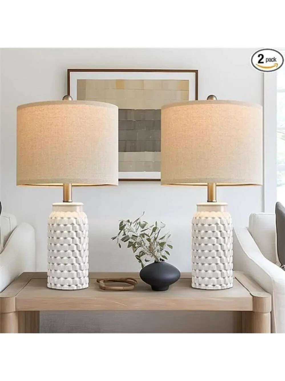 White ceramic table lamp set of 2 modern farmhouse bedside lamps for bedroom